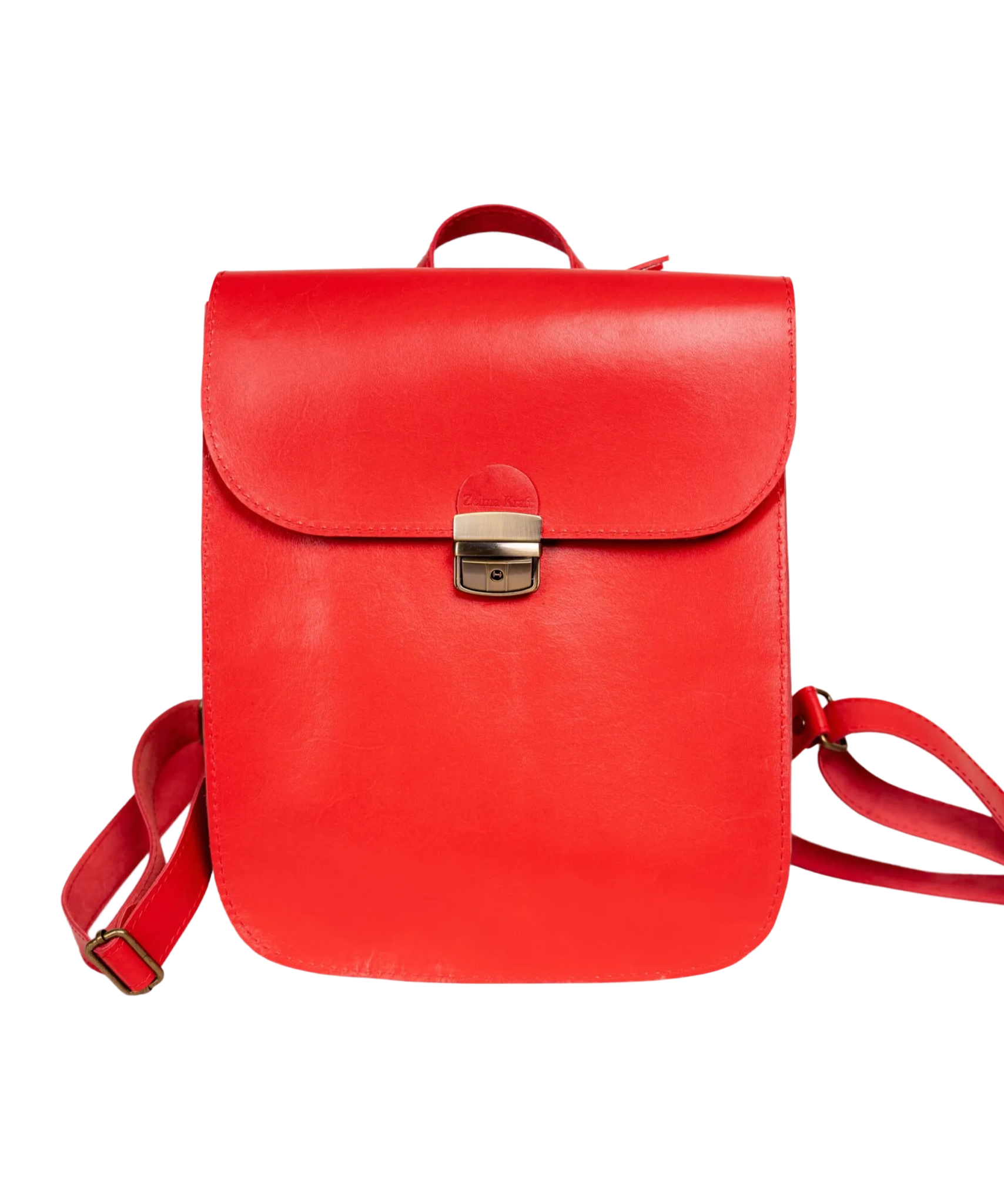 Handmade red full-grain leather backpack developing a natural patina