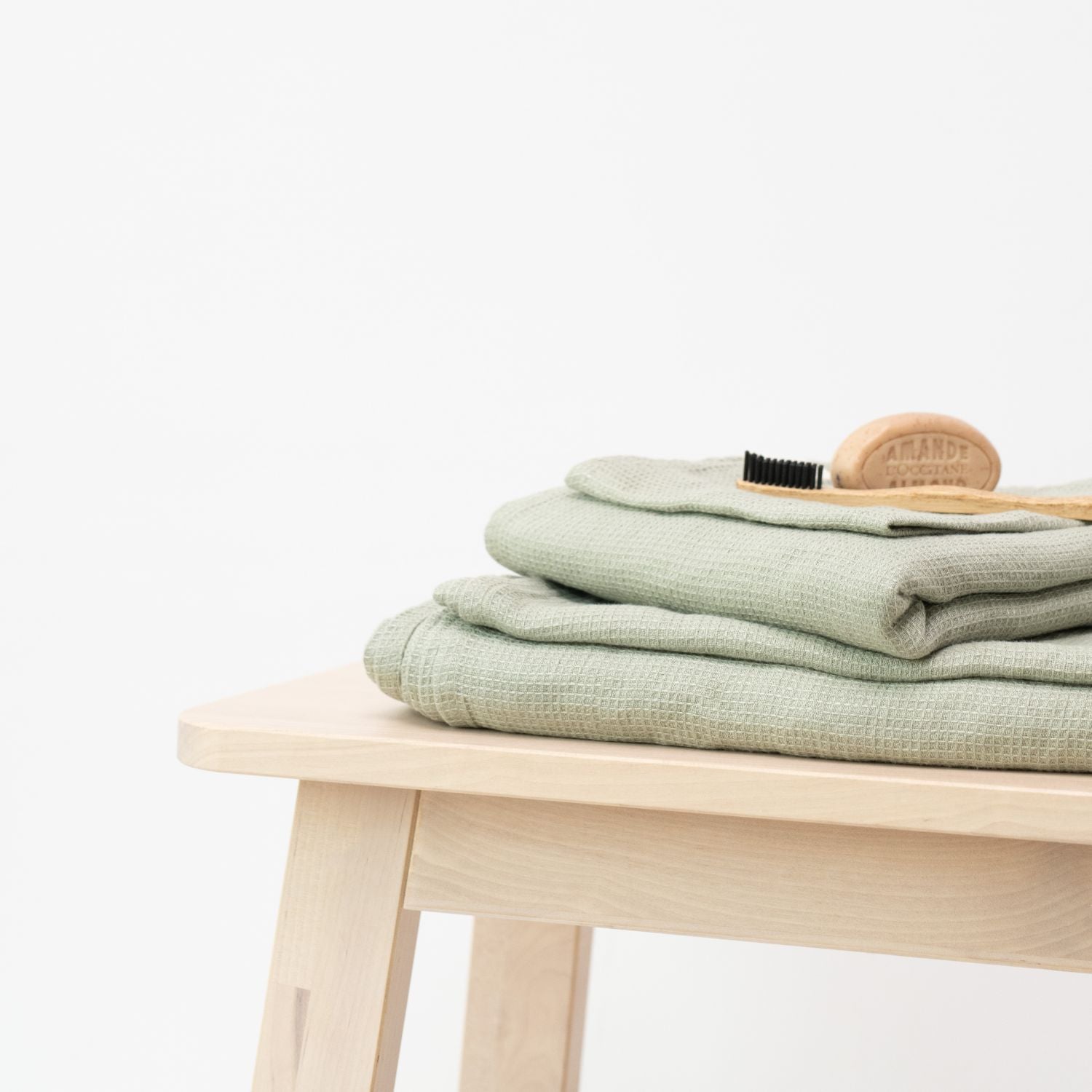 Linen Tales waffle linen towel in sage, 200 g/m², made in Lithuania