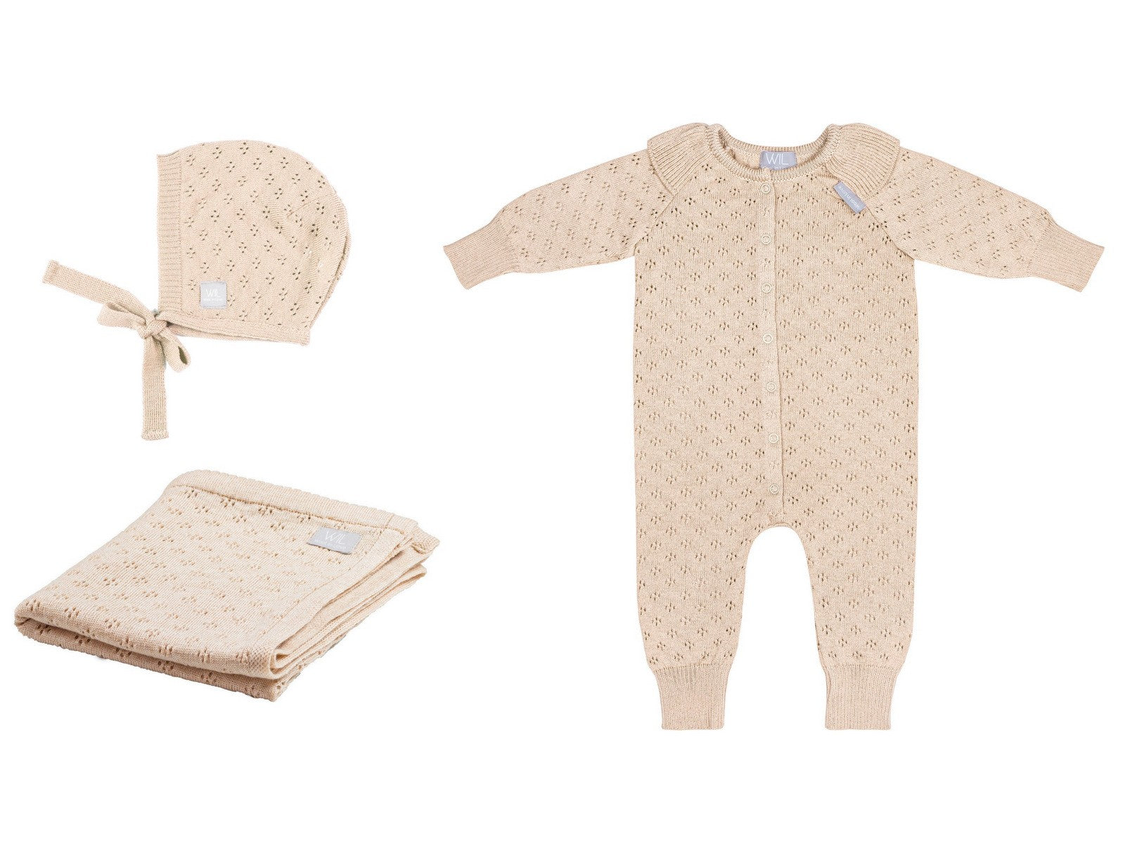Merino wool baby set — blanket, romper and bonnet in soft natural knit