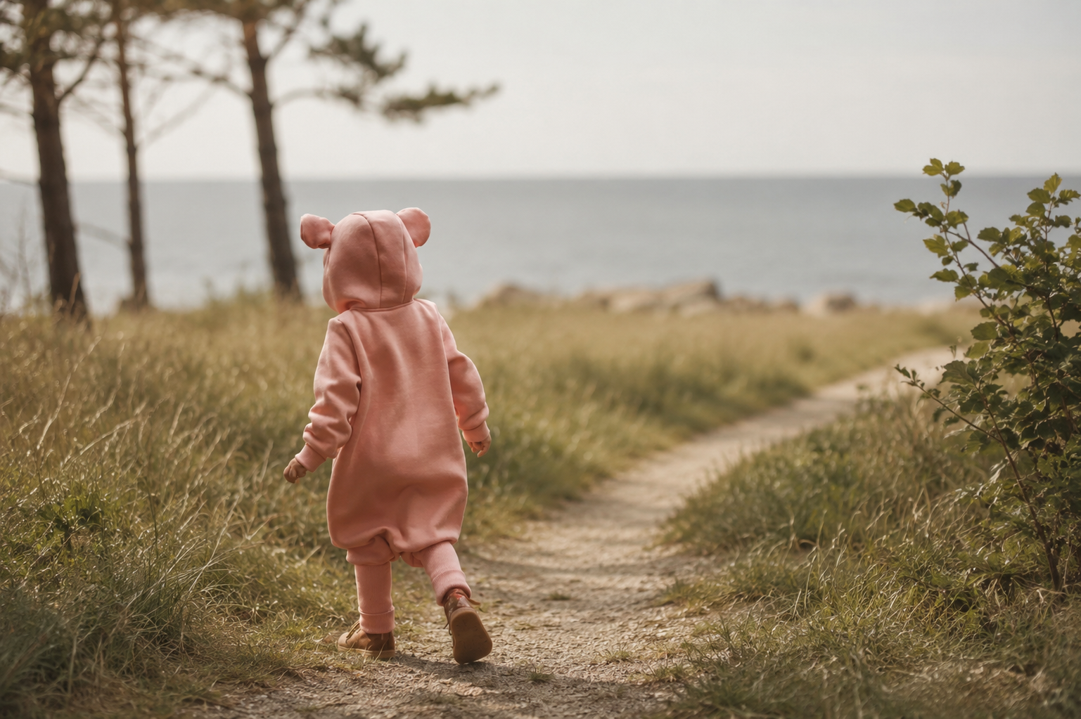 Toddler in a pink hooded jumpsuit with ears walking along a coastal path