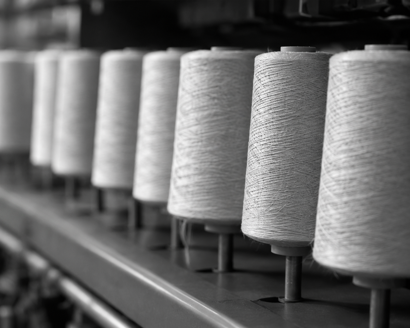 Rows of natural yarn cones on a spinning machine, in black and white