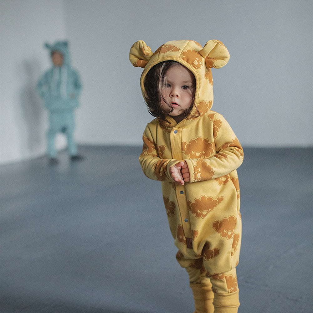 Eared Jumpsuit for Babies and Kids - Yellow with Clouds