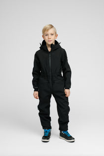 Nuckö kids softshell onesie in plain black, Night, three layer softshell, 10,000 mm rating, view 1 of 5