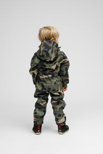 Nuckö kids softshell onesie in Moss woodland camouflage, three layer softshell, 10,000 mm rating, view 1 of 4