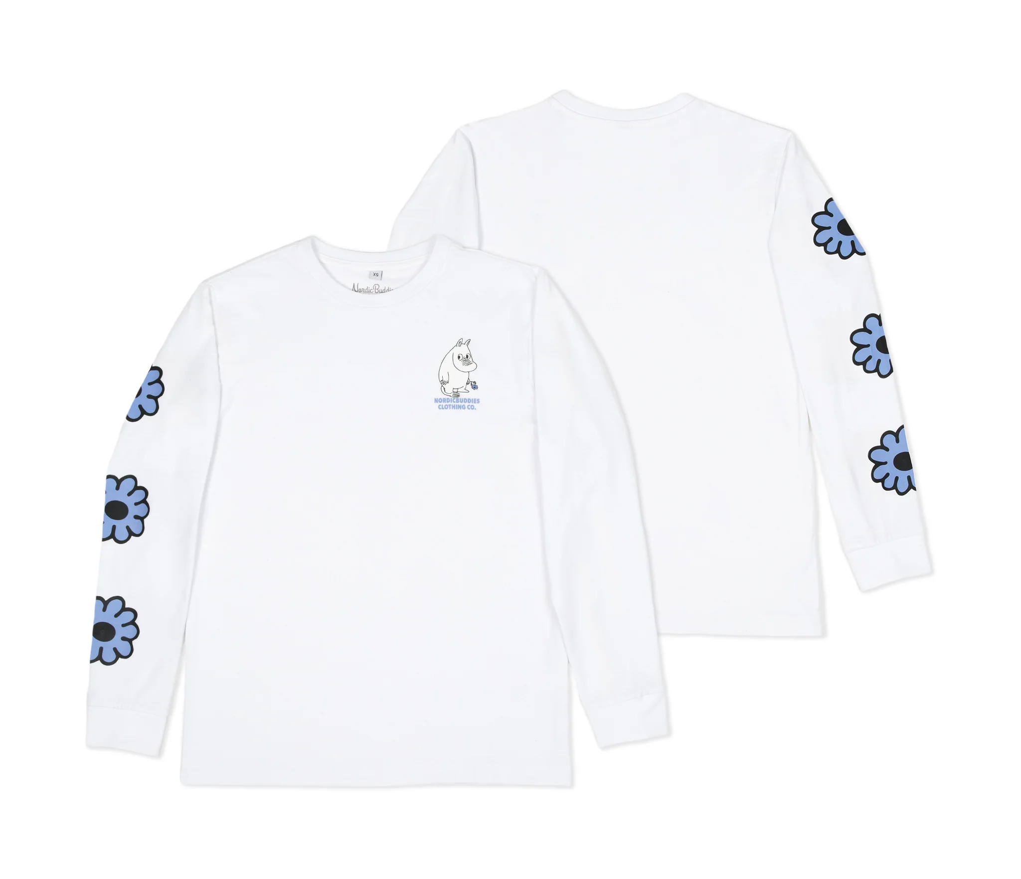 Moomin Long Sleeve Shirt, Moomintroll's Flower White, blue flower sleeve print