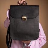 Natural Leather Saddle Backpack - Black