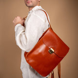 Natural Leather Saddle Backpack - Light Brown