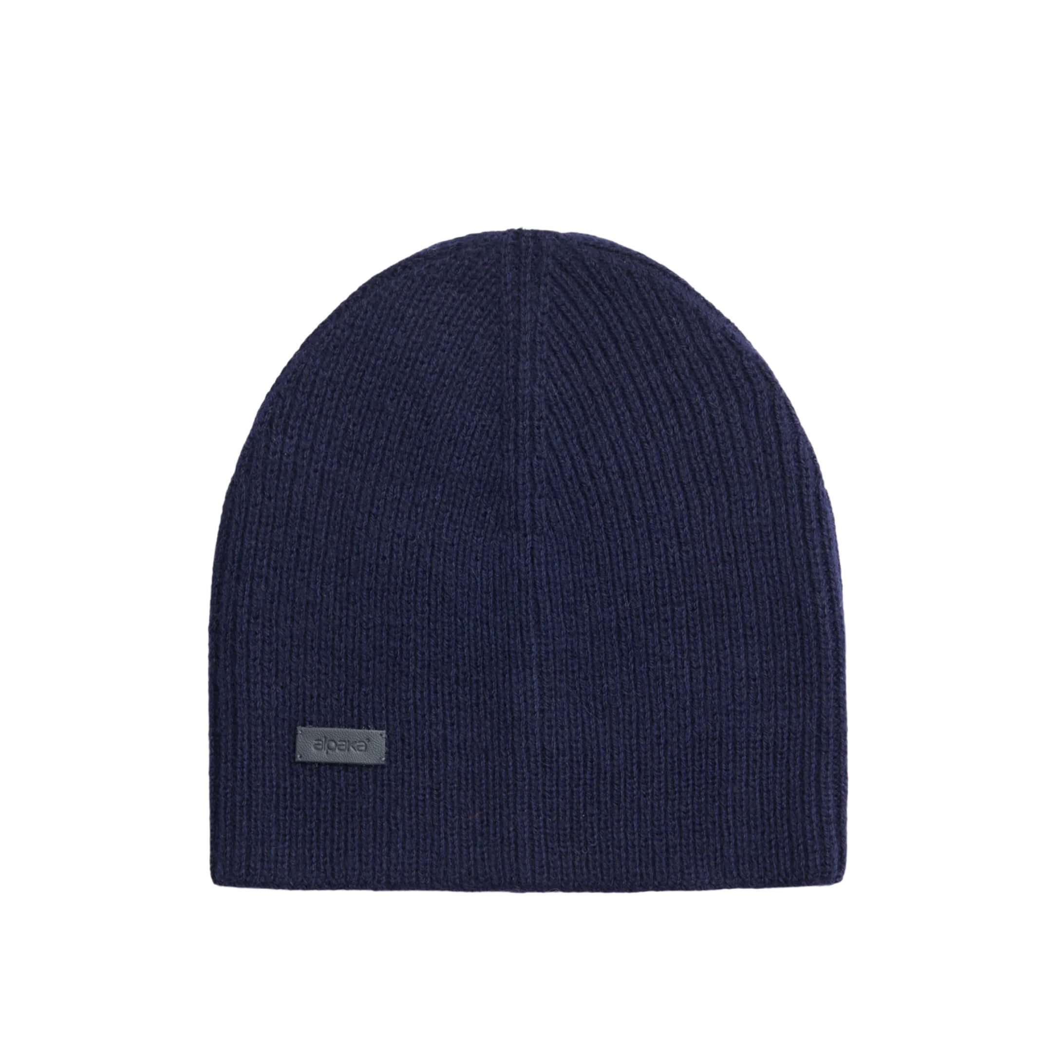 Navy fisherman's rib baby alpaca beanie, adult one size, front view