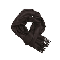 Cocoa plain baby alpaca scarf, 30 × 180 cm, knotted and shown on white