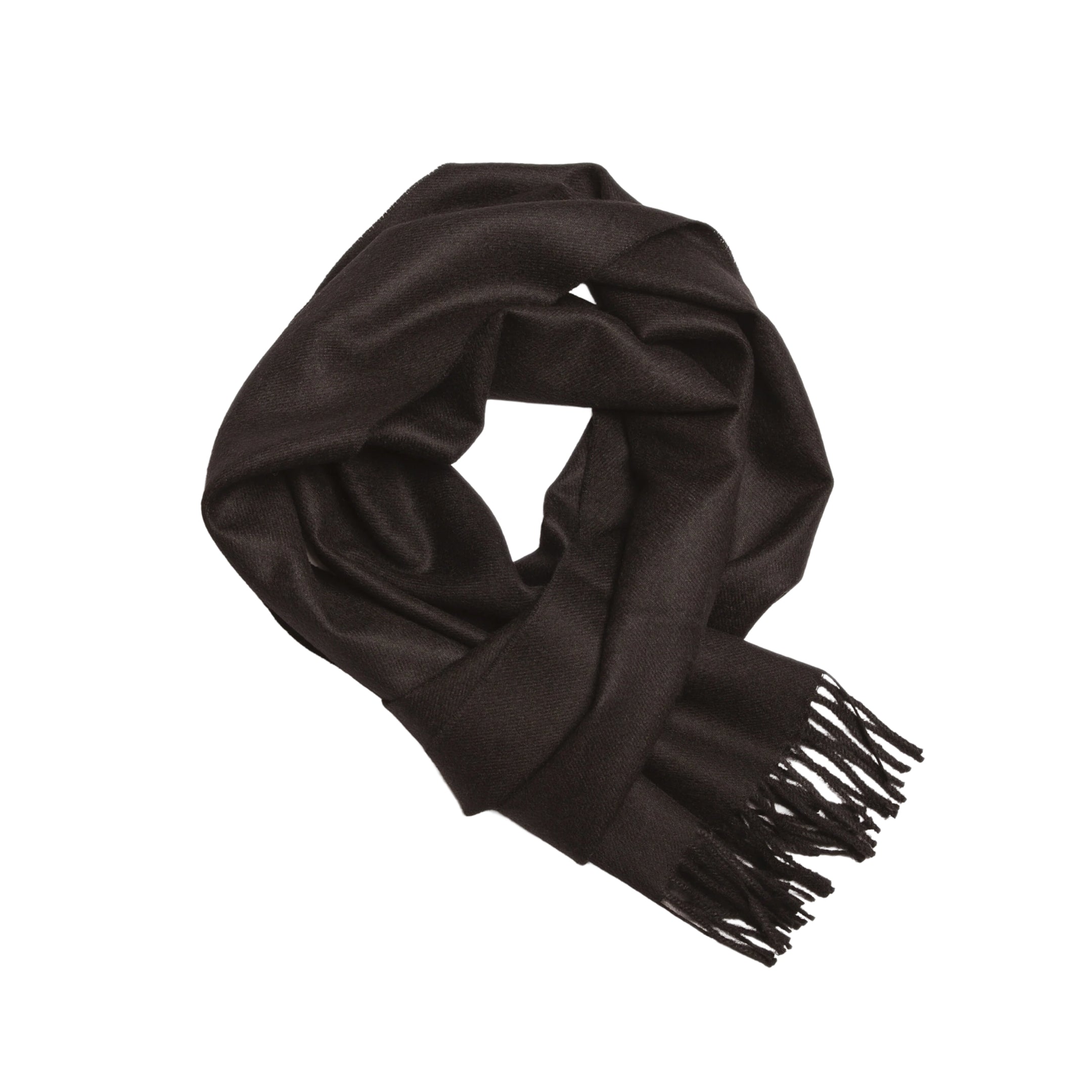 Cocoa plain baby alpaca scarf, 30 × 180 cm, knotted and shown on white
