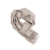 Milk coffee plain baby alpaca scarf, 30 × 200 cm, knotted and shown on white