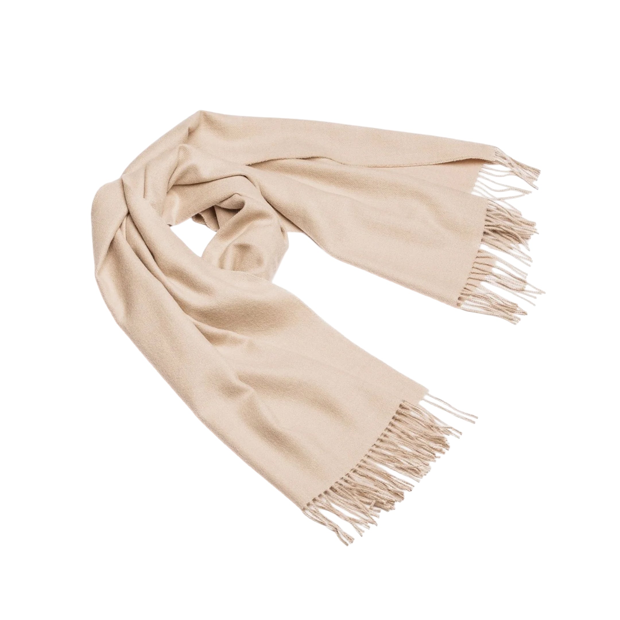 Wheat fringed baby alpaca wrap, 65 × 200 cm, knotted and shown on white