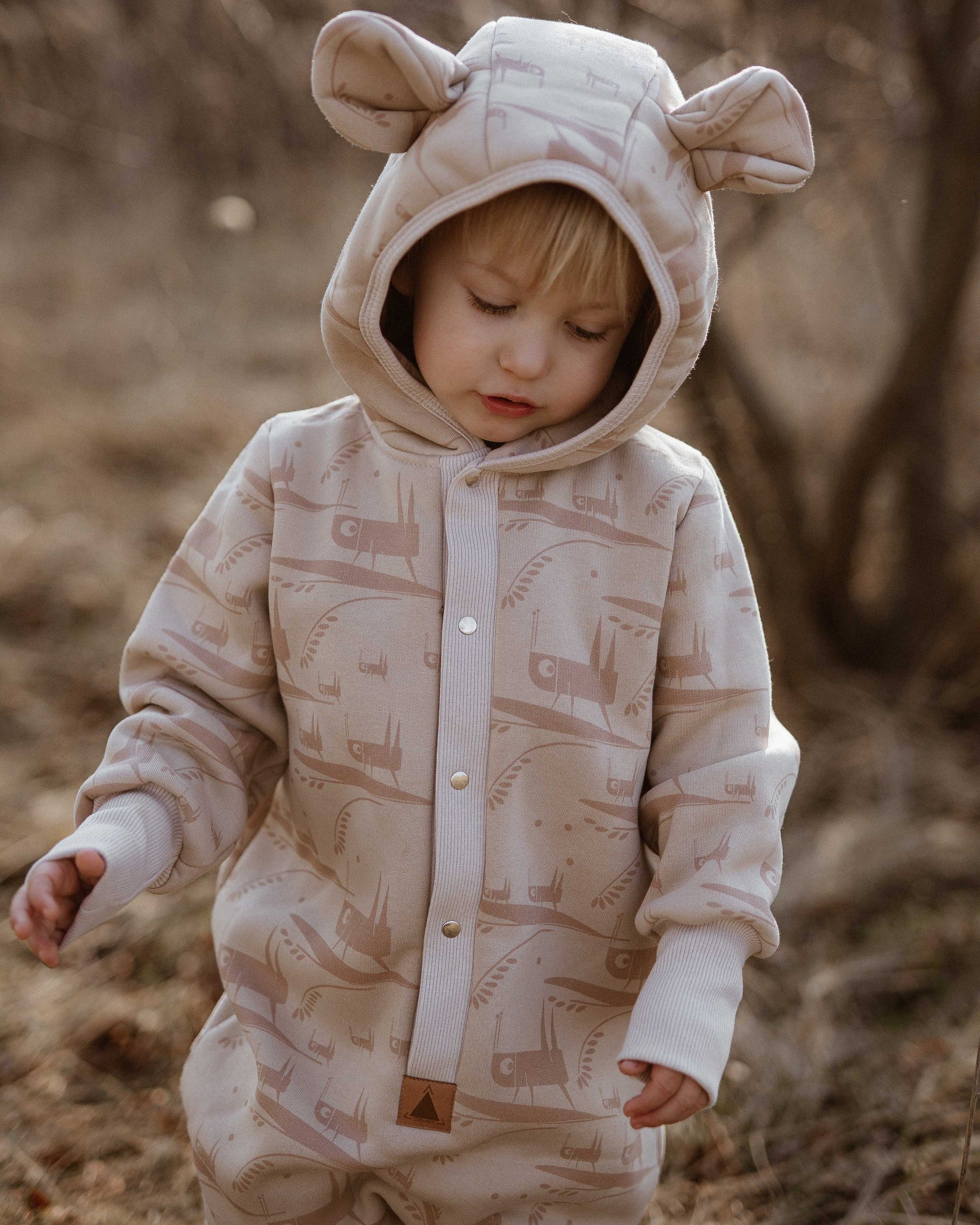 Hooded Baby Romper, Grasshopper, Zezuzulla print