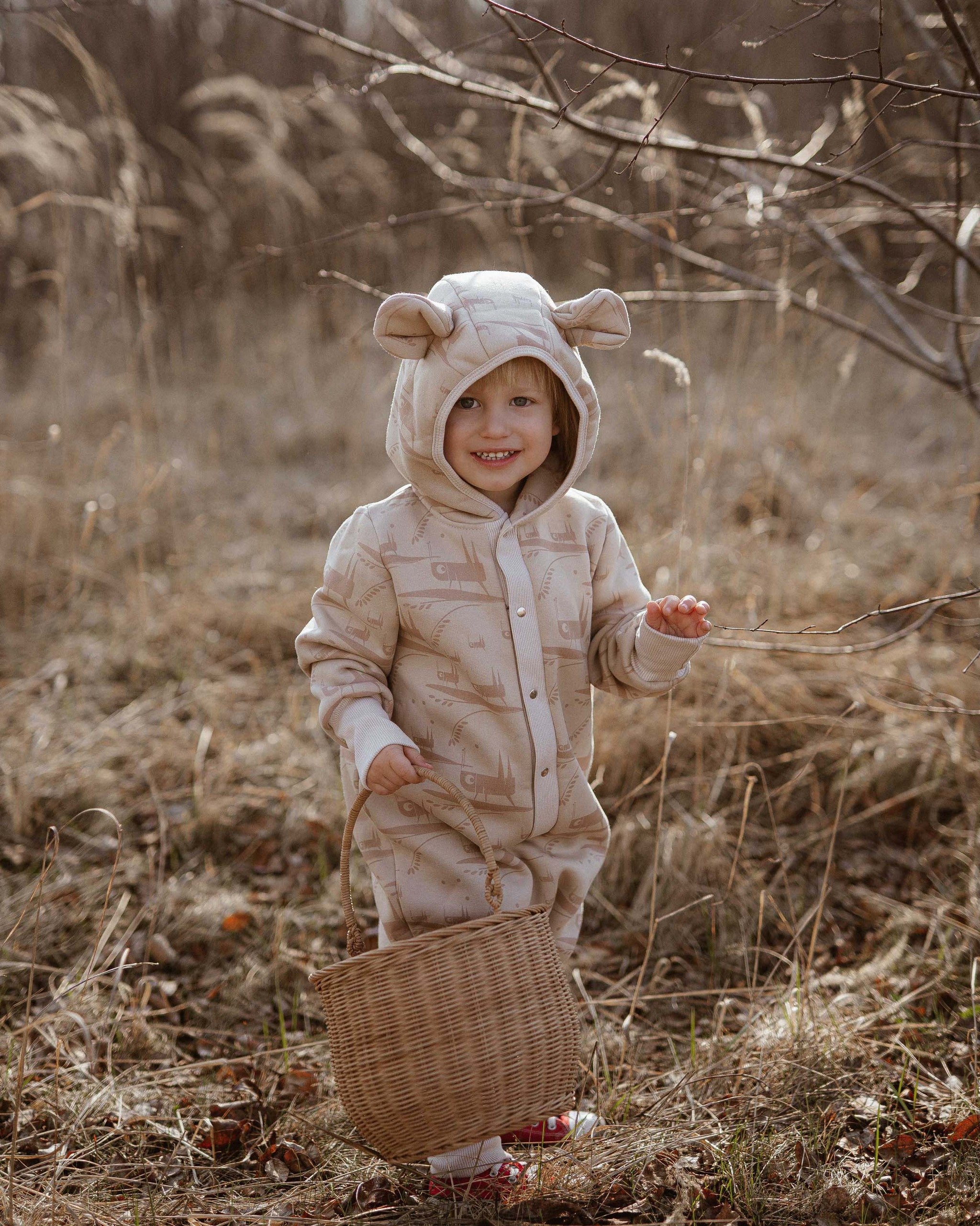 Hooded Baby Romper, Grasshopper, brushed cotton knit