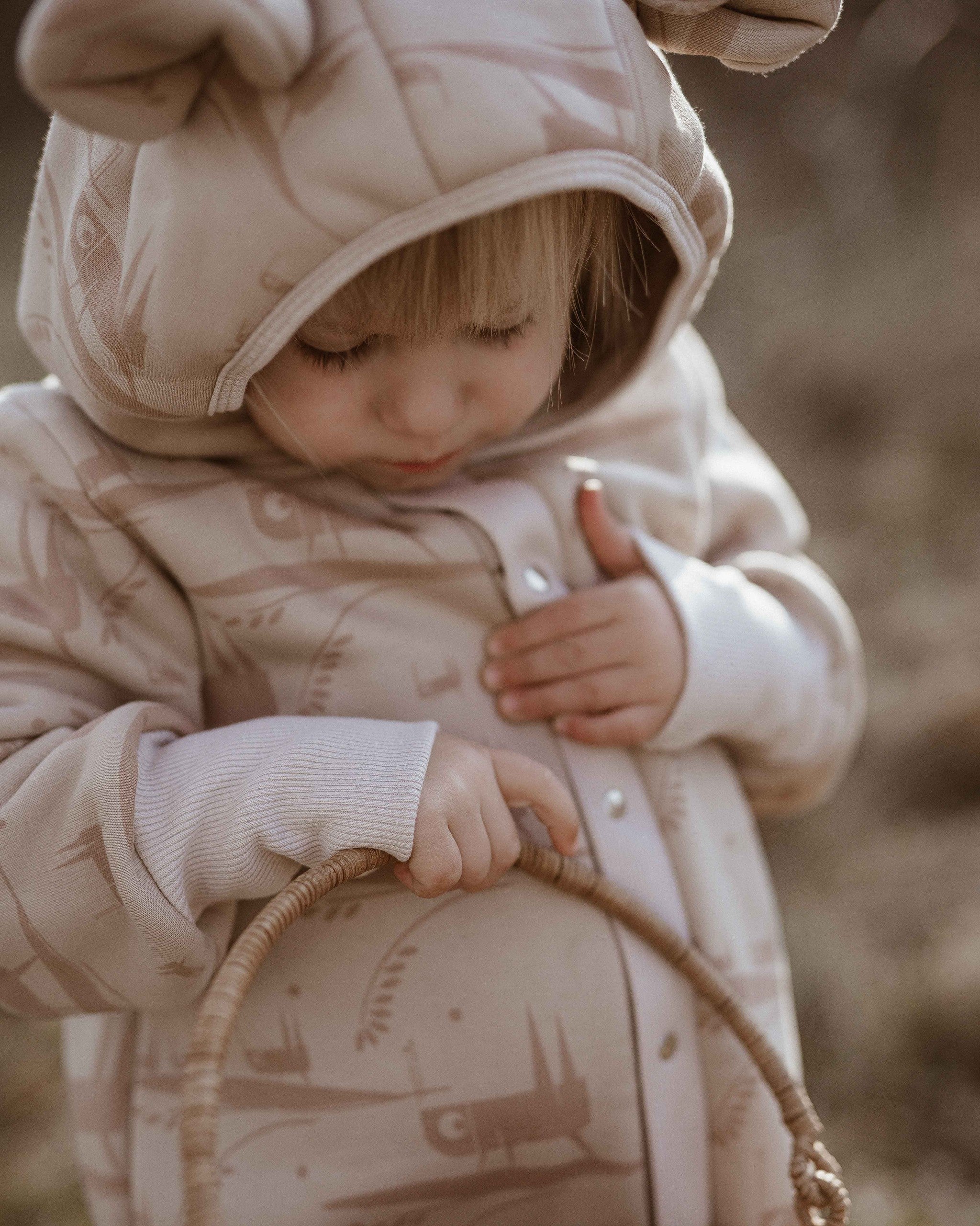 Hooded Baby Romper, Grasshopper, ribbed cuffs that fold back