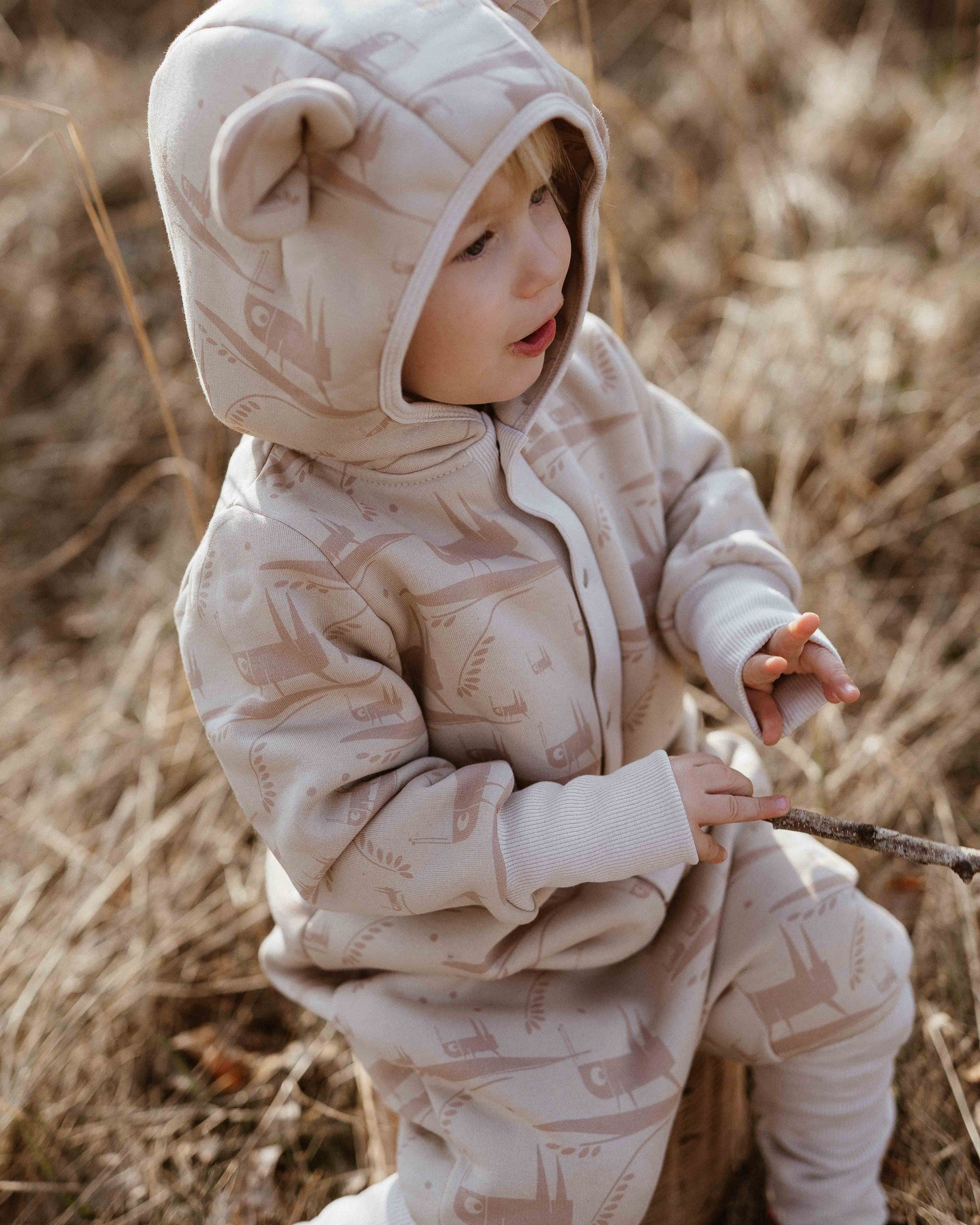 Hooded Baby Romper, Grasshopper, eared hood and press studs