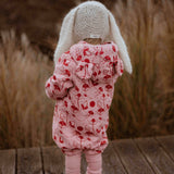 Hooded Baby Romper, Lilies on Pink, ribbed cuffs that fold back