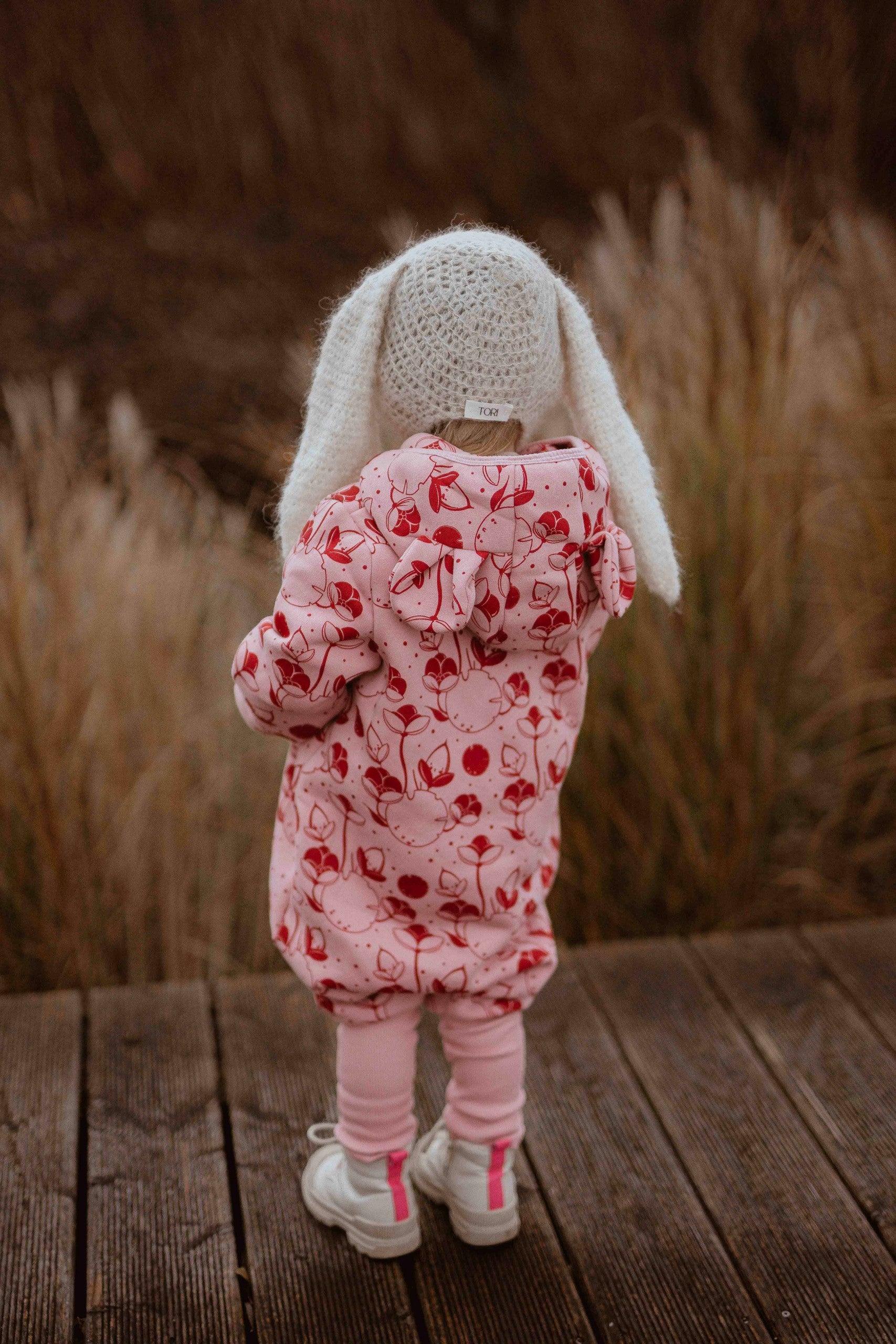 Hooded Baby Romper, Lilies on Pink, ribbed cuffs that fold back