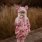 Hooded Baby Romper, Lilies on Pink, eared hood and press studs