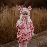 Hooded Baby Romper, Lilies on Pink, eared hood and press studs