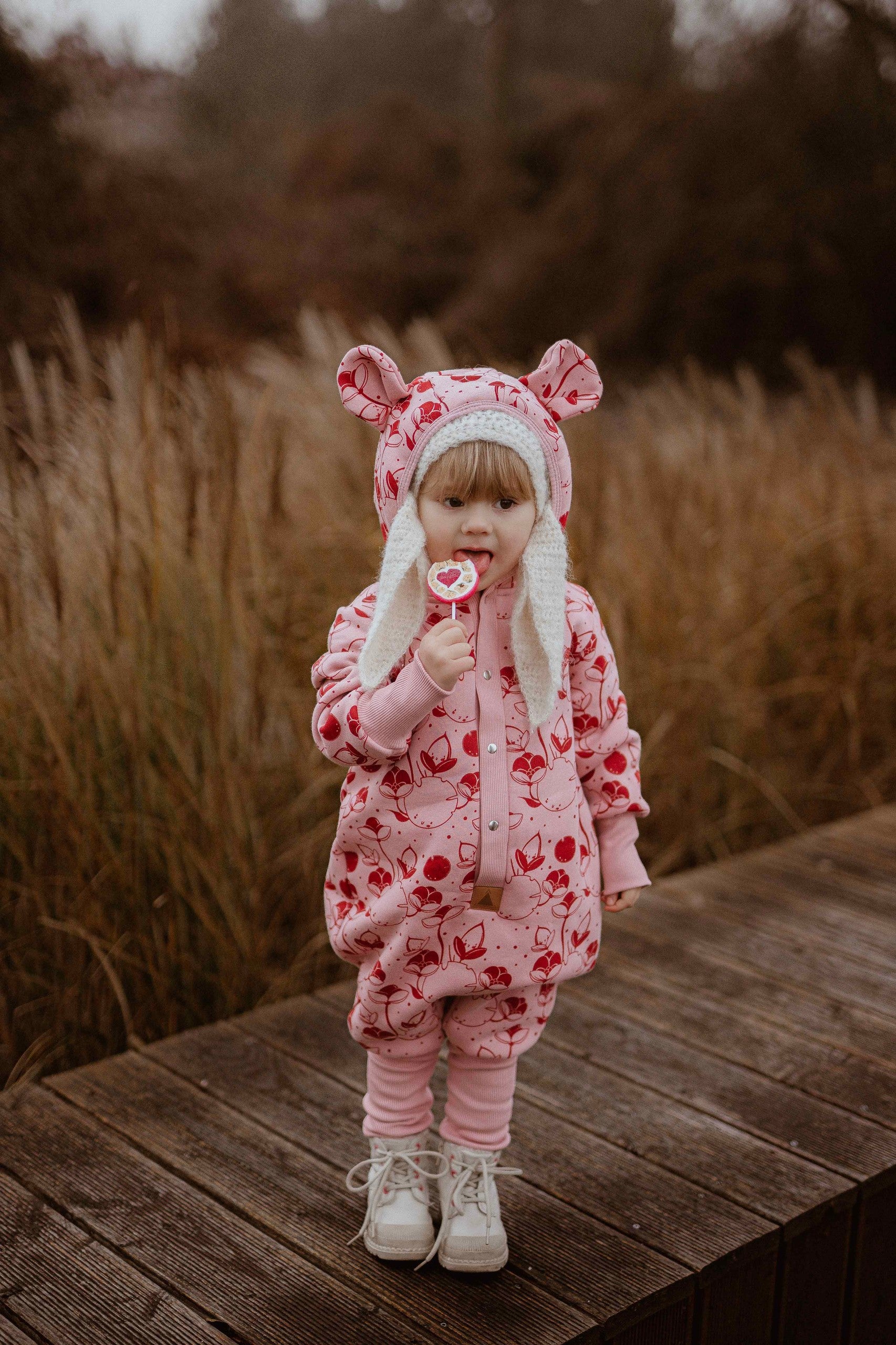 Hooded Baby Romper, Lilies on Pink, eared hood and press studs