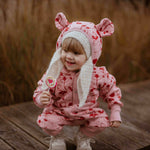 Hooded Baby Romper, Lilies on Pink, brushed cotton knit
