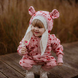 Hooded Baby Romper, Lilies on Pink, brushed cotton knit