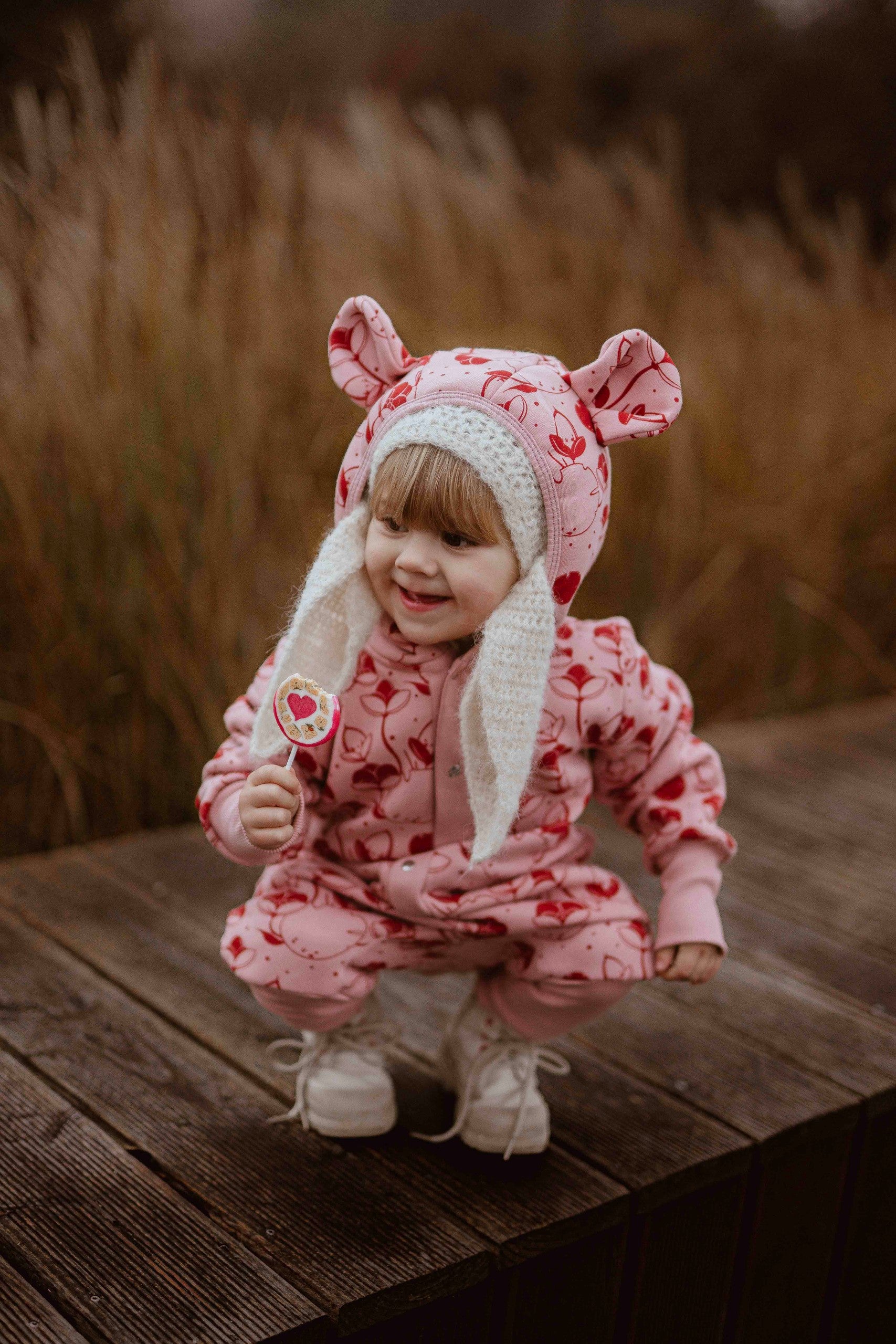 Hooded Baby Romper, Lilies on Pink, brushed cotton knit