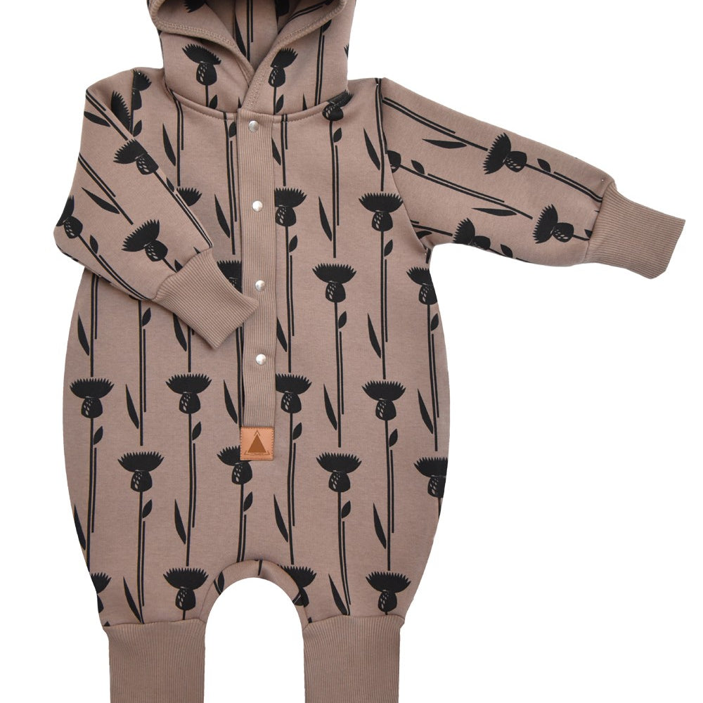 Hooded Baby Romper, Thistle on Brown