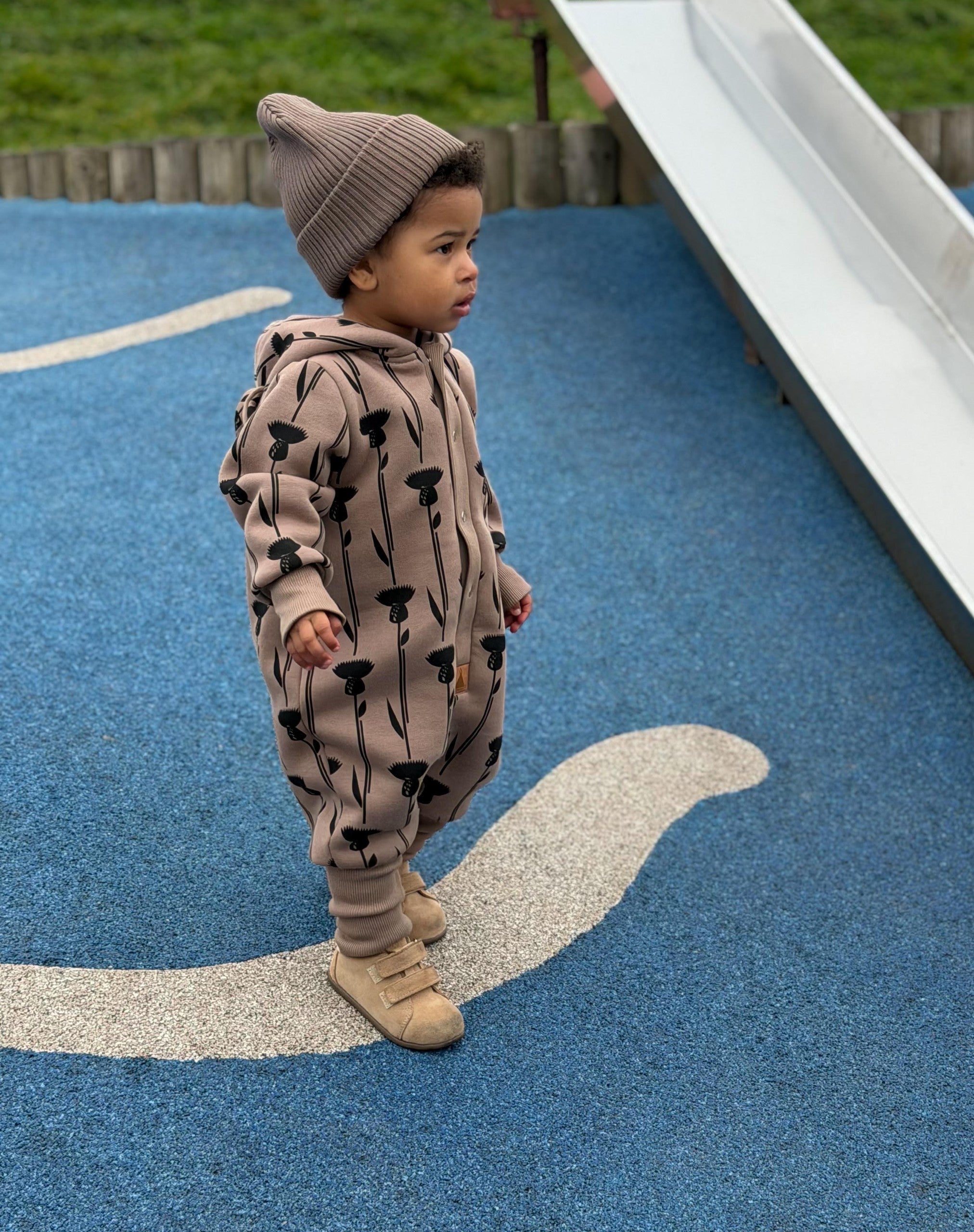 Hooded Baby Romper, Thistle on Brown, Zezuzulla
