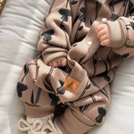 Hooded Baby Romper, Thistle on Brown, brushed cotton knit