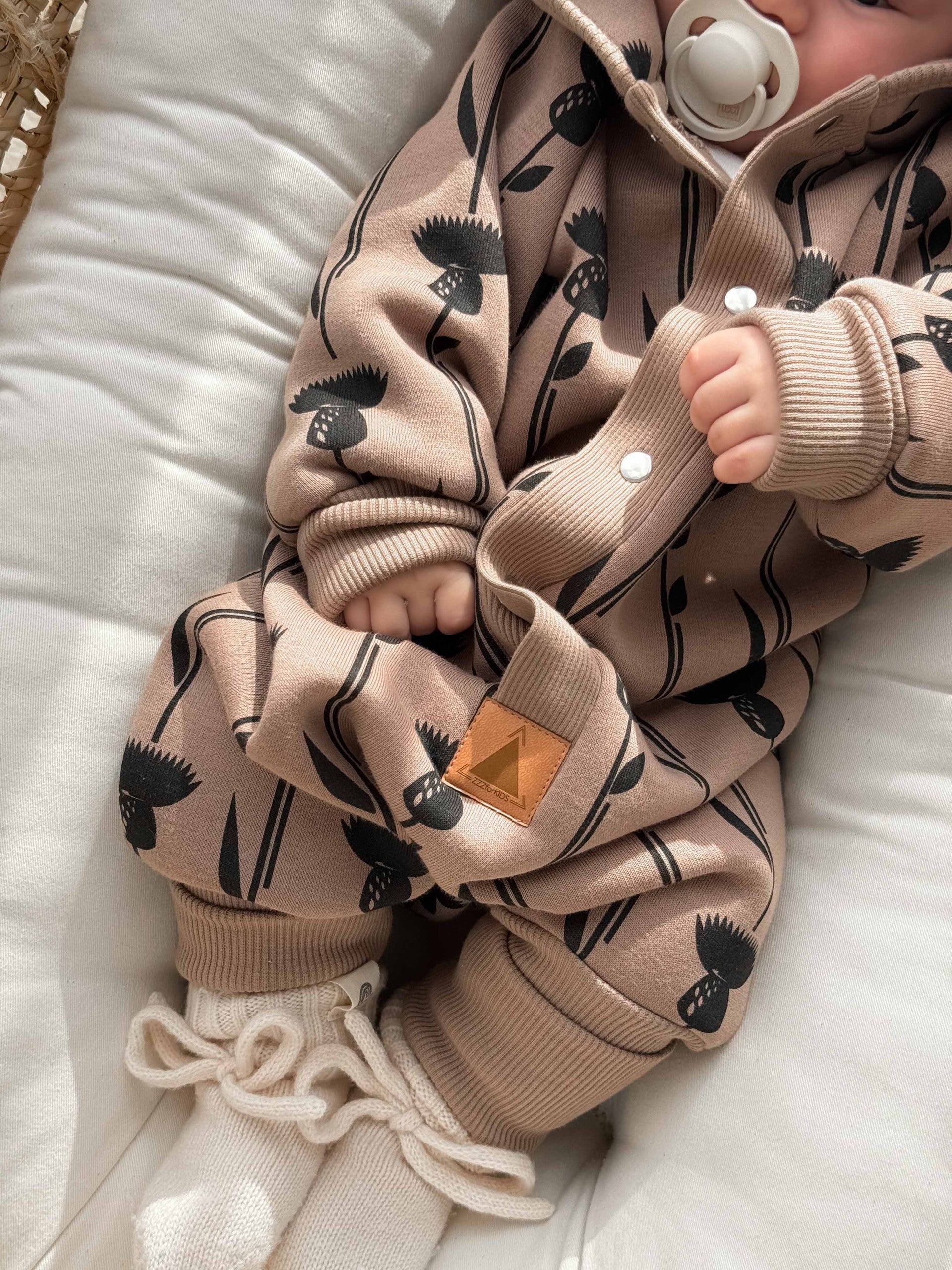 Hooded Baby Romper, Thistle on Brown, brushed cotton knit