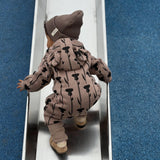 Hooded Baby Romper, Thistle on Brown, sizes 62 to 98