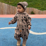 Hooded Baby Romper, Thistle on Brown, OEKO-TEX certified cotton