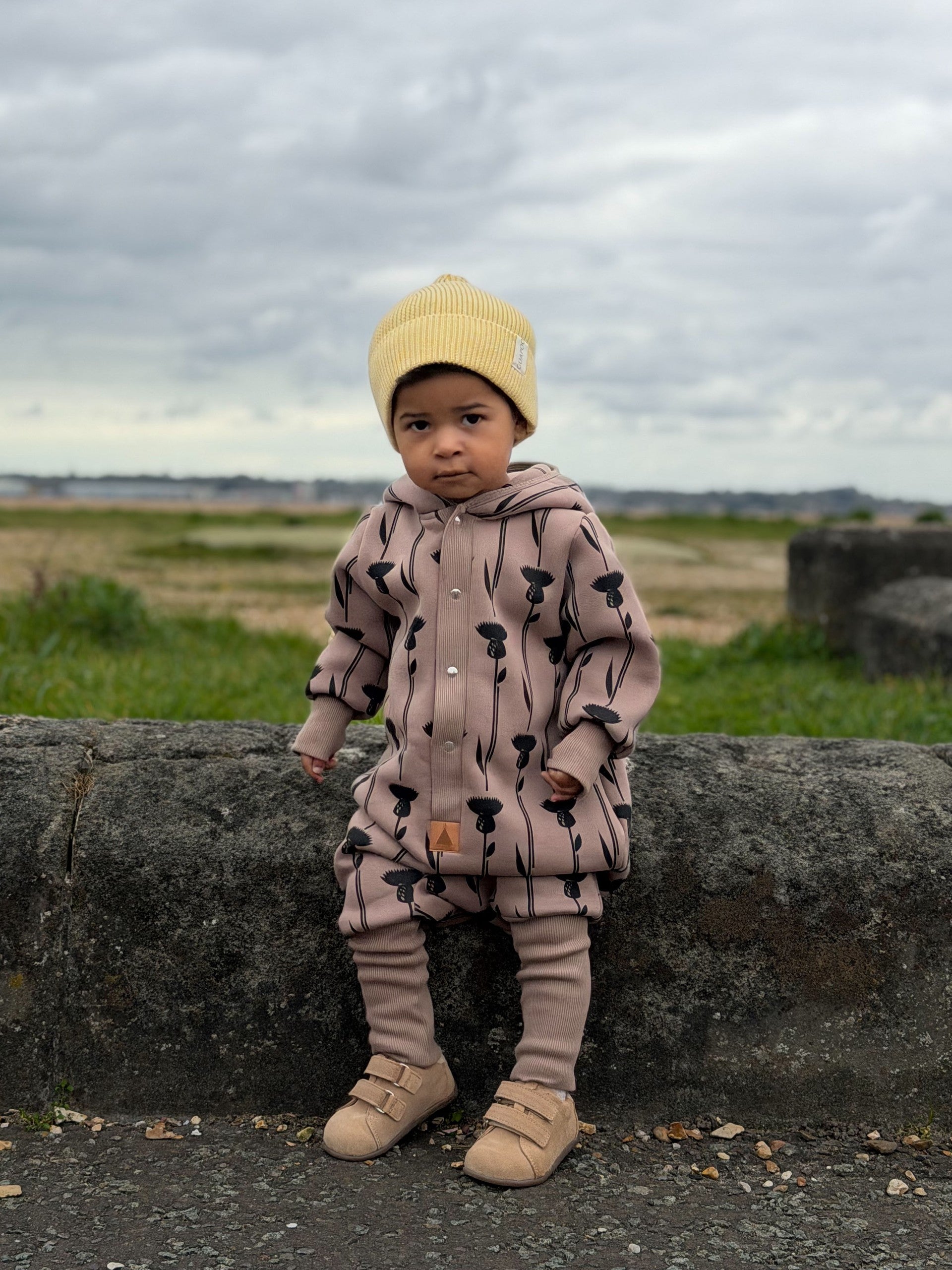 Hooded Baby Romper, Thistle on Brown, Zezuzulla print