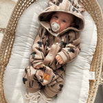 Hooded Baby Romper, Thistle on Brown, ribbed cuffs that fold back