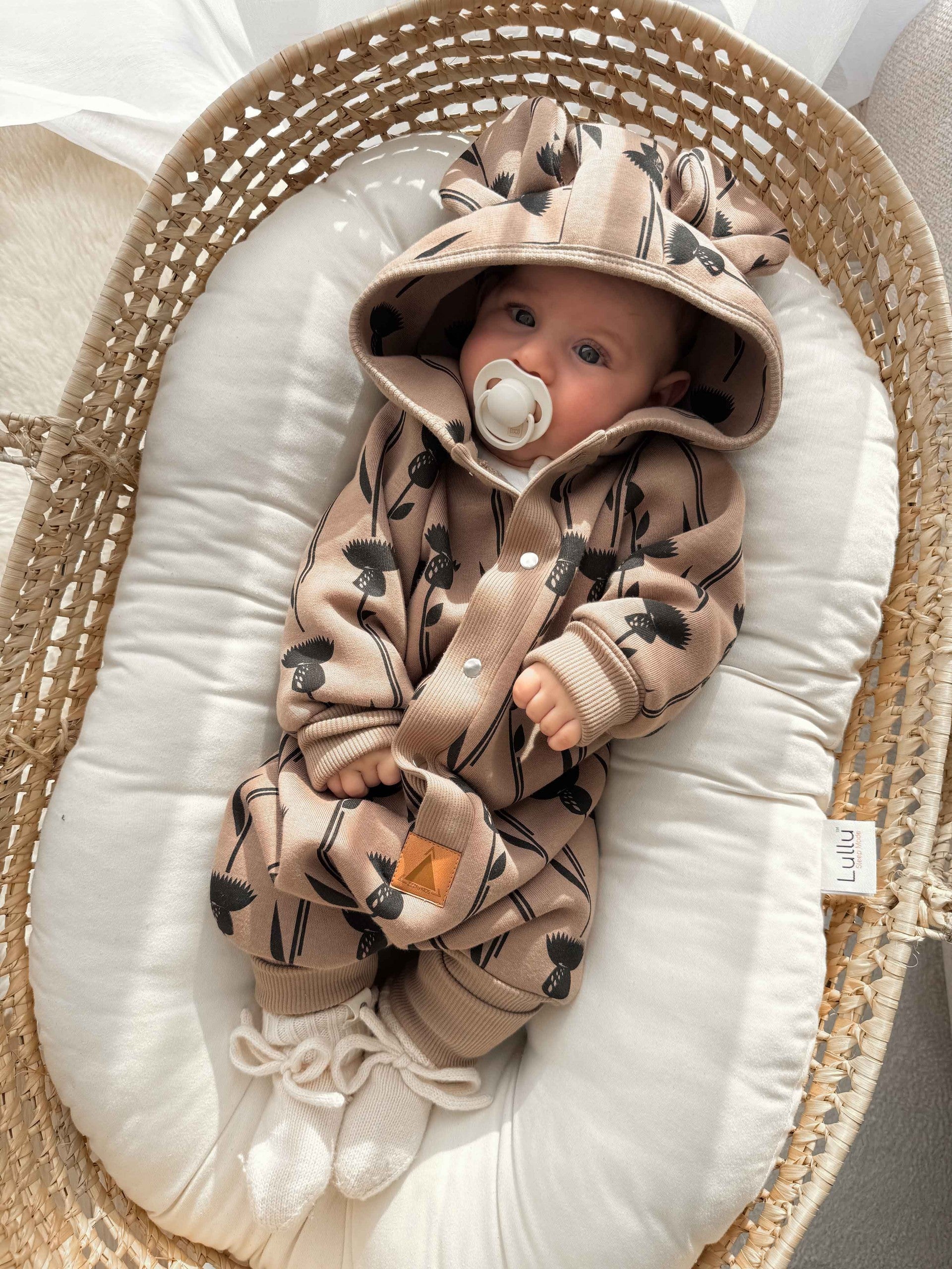 Hooded Baby Romper, Thistle on Brown, ribbed cuffs that fold back