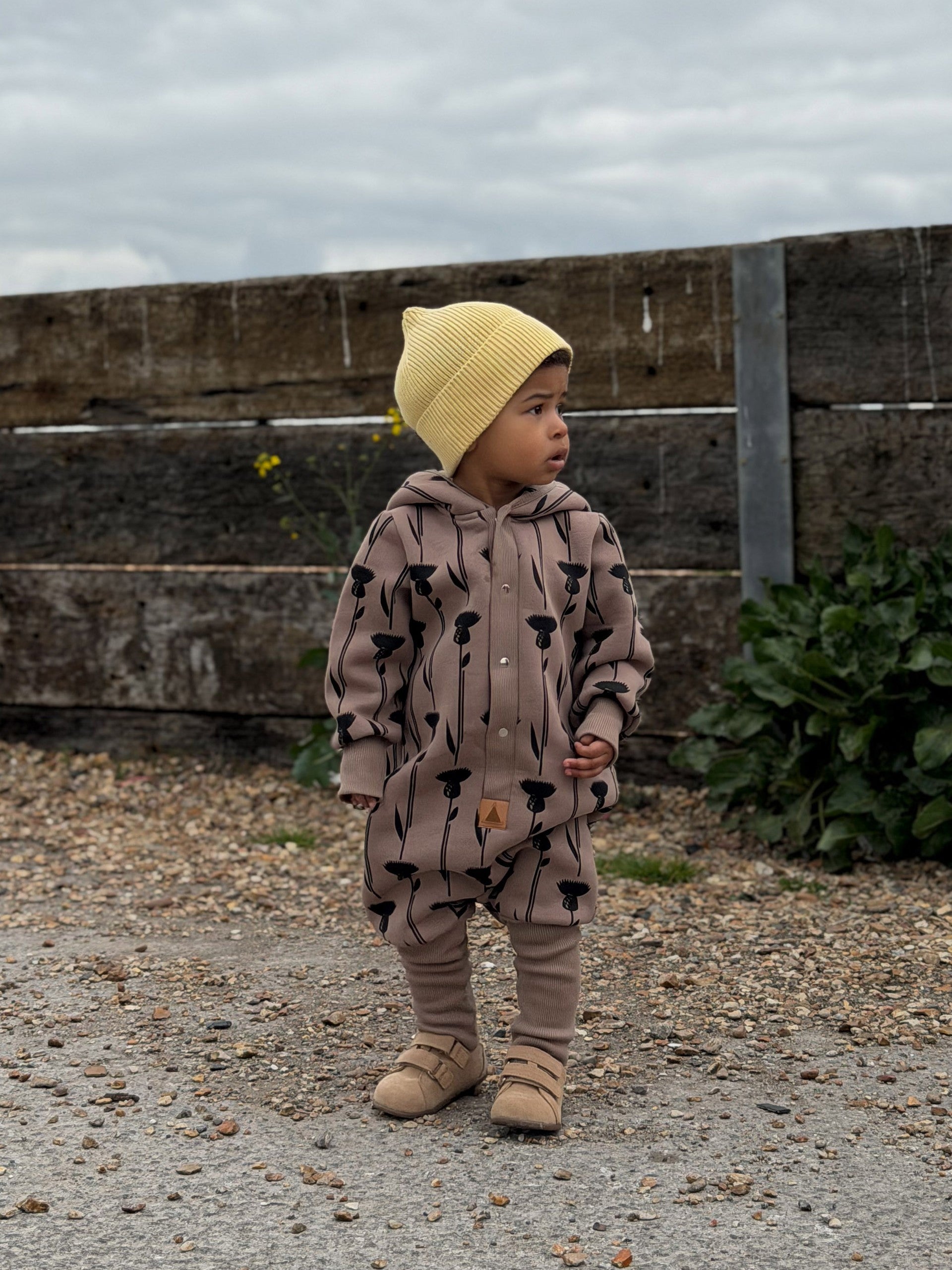 Hooded Baby Romper, Thistle on Brown, eared hood and press studs