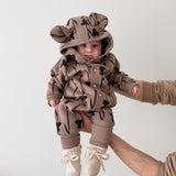 Hooded Baby Romper, Thistle on Brown, sewn in Poland