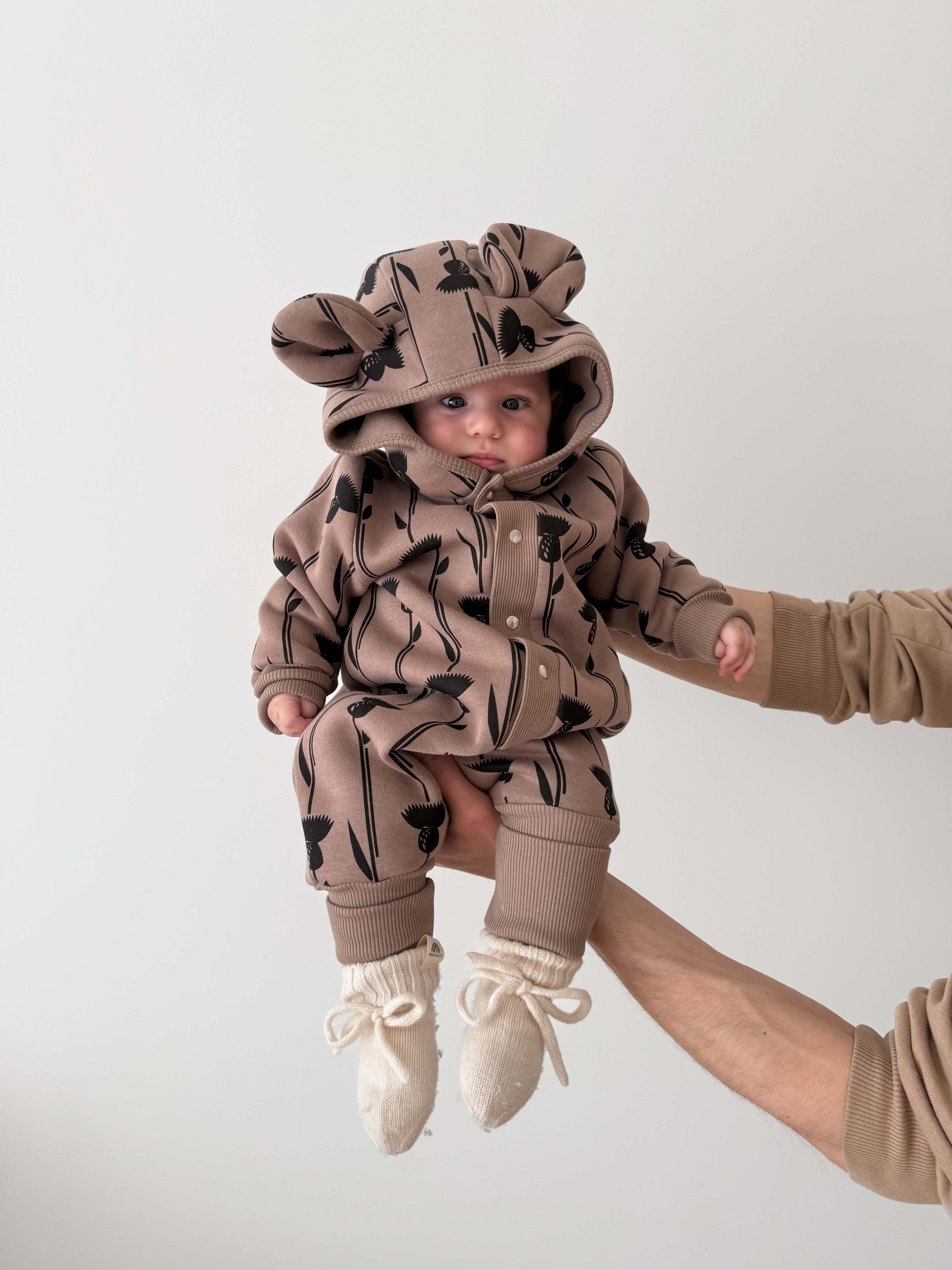 Hooded Baby Romper, Thistle on Brown, sewn in Poland