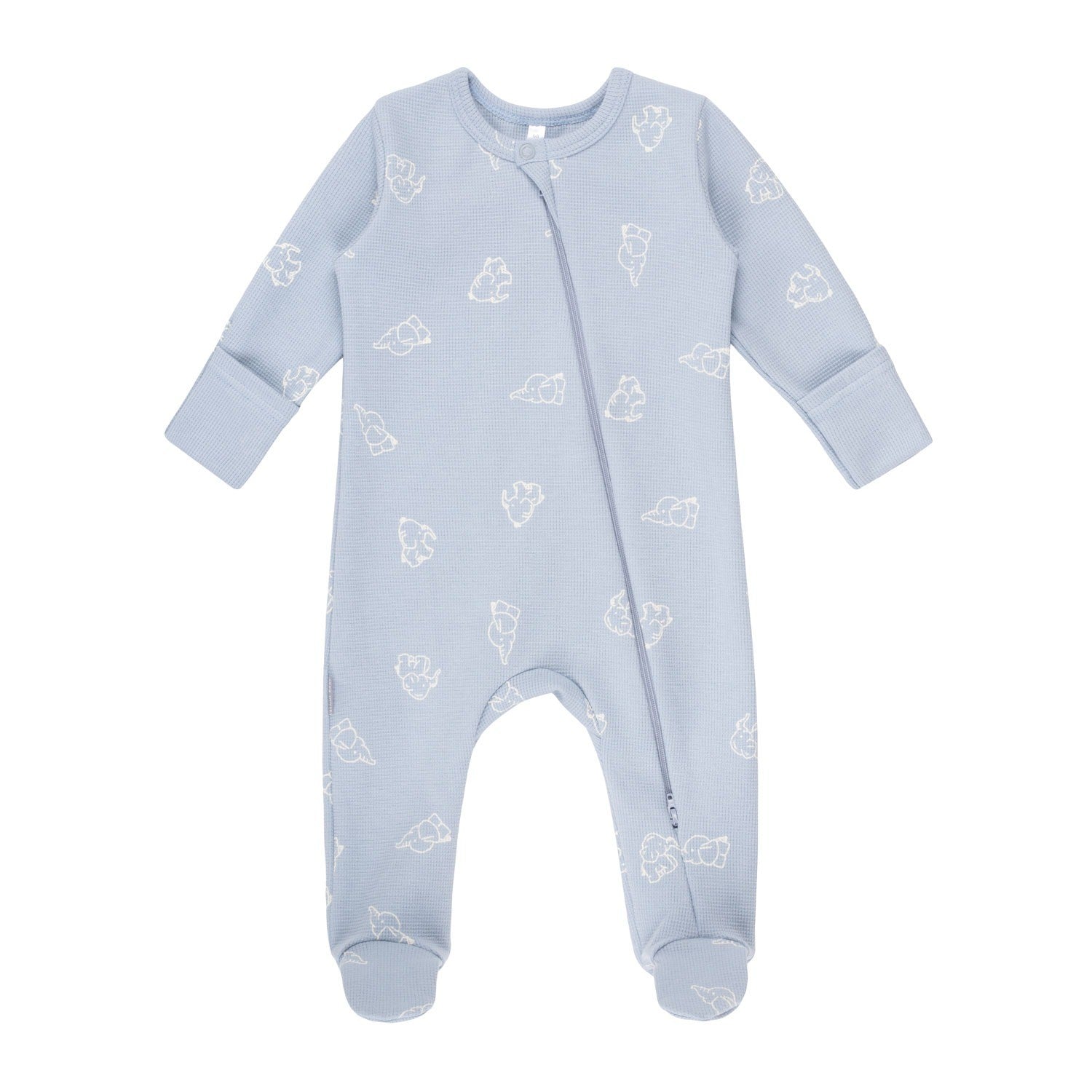 Powder blue footed cotton baby romper with elephants by Lenne