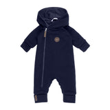 Navy hooded merino wool baby overall by Lenne