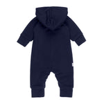 Navy hooded merino wool baby overall by Lenne, view 2