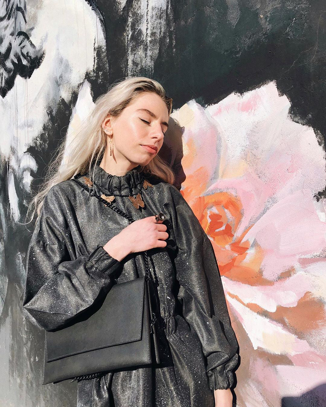 Leather Shoulder Bag Black Matte Chain Handmade - Snøluv