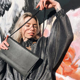 Leather Shoulder Bag Black Matte Chain Handmade - Snøluv
