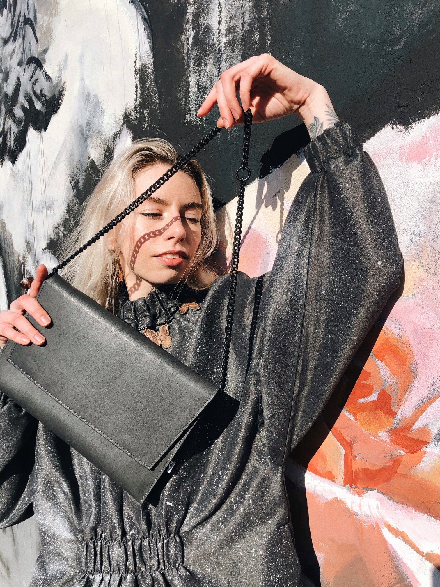 Leather Shoulder Bag Black Matte Chain Handmade - Snøluv