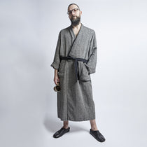 Unisex Linen Bathrobe Black Fishbone, Soft Prewashed Linen - Snøluv