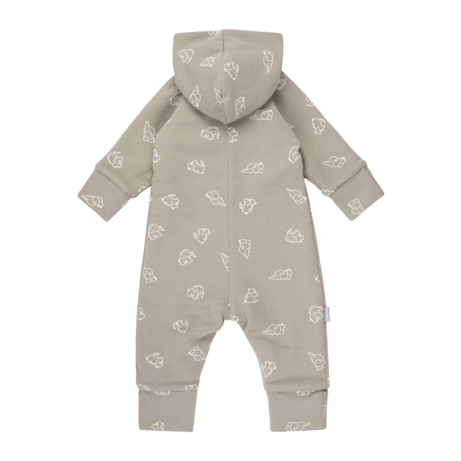 Sage green hooded fleece baby romper with elephants by Lenne, view 3