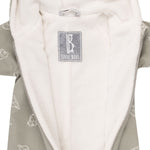 Sage green hooded fleece baby romper with elephants by Lenne, view 2