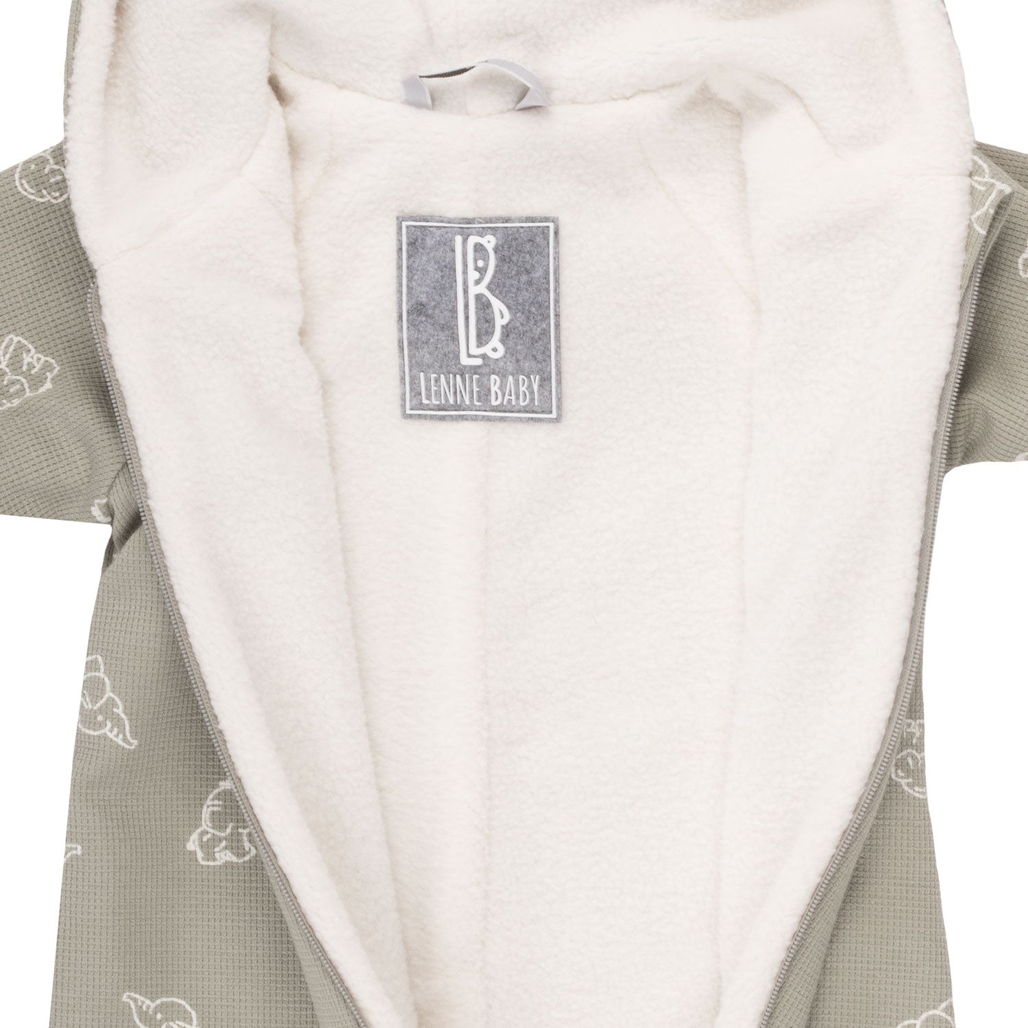 Sage green hooded fleece baby romper with elephants by Lenne, view 2